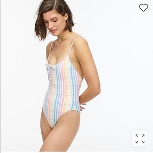 J Crew bow-front one-piece in rainbow seersucker swimsuit
